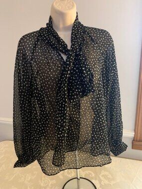 Banana Republic Black Sheer Blouse with White Polka Dots and Bow Size Small S